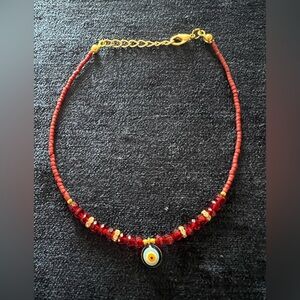 Turkish gold and red beaded anklet with eye charm